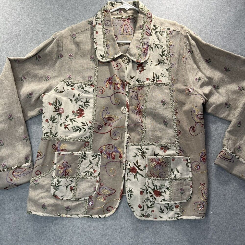 Natural Jacket Womens Large linen Patchwork reversible floral cottagecore